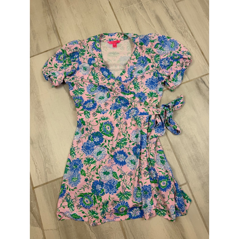Lilly Pulitzer Pink Blue Floral Wrap Romper Skort Dress Short Sleeve Size L